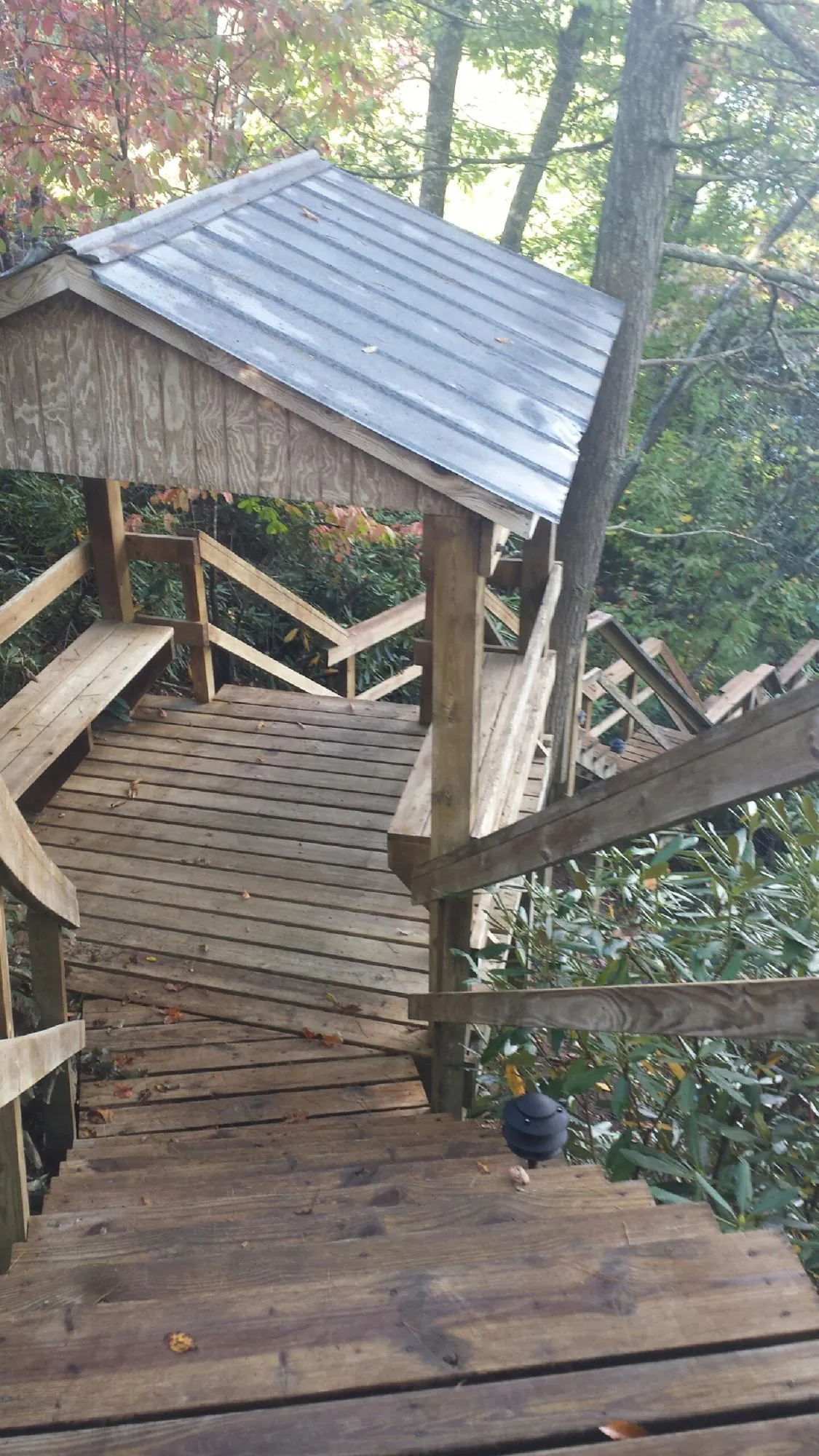 Metal roofed shelter over wooden steps on a wooded walkway — Skylight Repair & Installation work by our crew in Canova